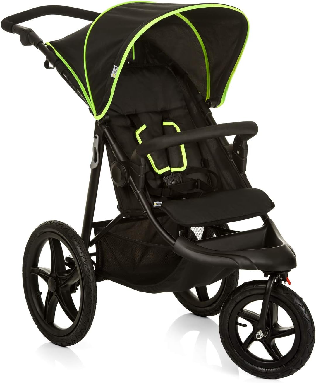 Hauck Passeggino 3 Ruote Runner - Passeggino Ruote Grandi Gonfiabili - Passeggino Compatto Reclinabile e Regolabile - Cappotta Parasole, Vano Portaoggetti XL, Pieghevole - Nero/Giallo Neon