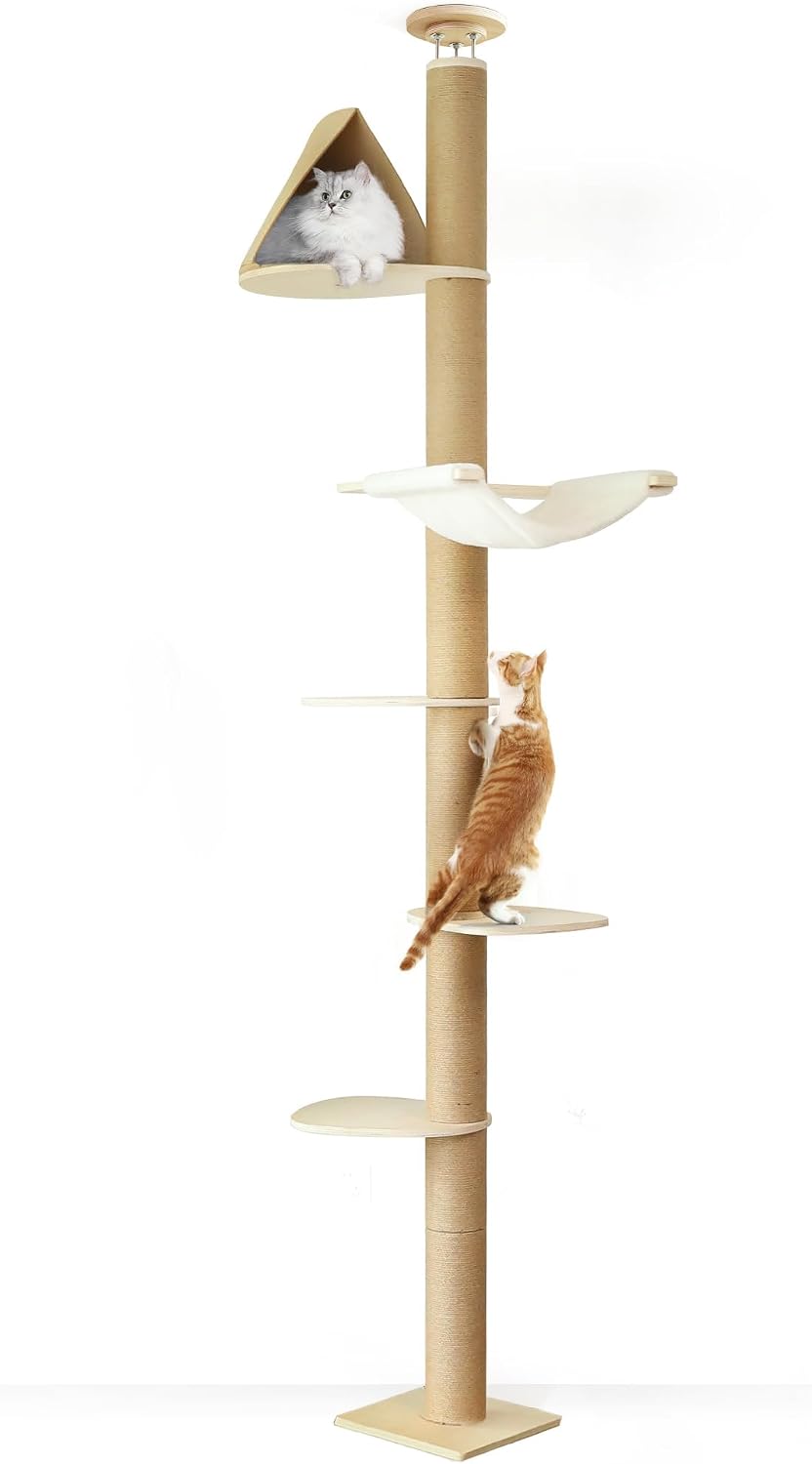FUKUMARU Albero Tiragraffi per Gatti al Soffitto, 6 Livelli Altezza Regolabile (1.8-3 m),Torre Arrampicata con Palo Tiragraffi Rinforzati, Centro Attività con Tenda e Amaca Morbida per Gatti. Beige