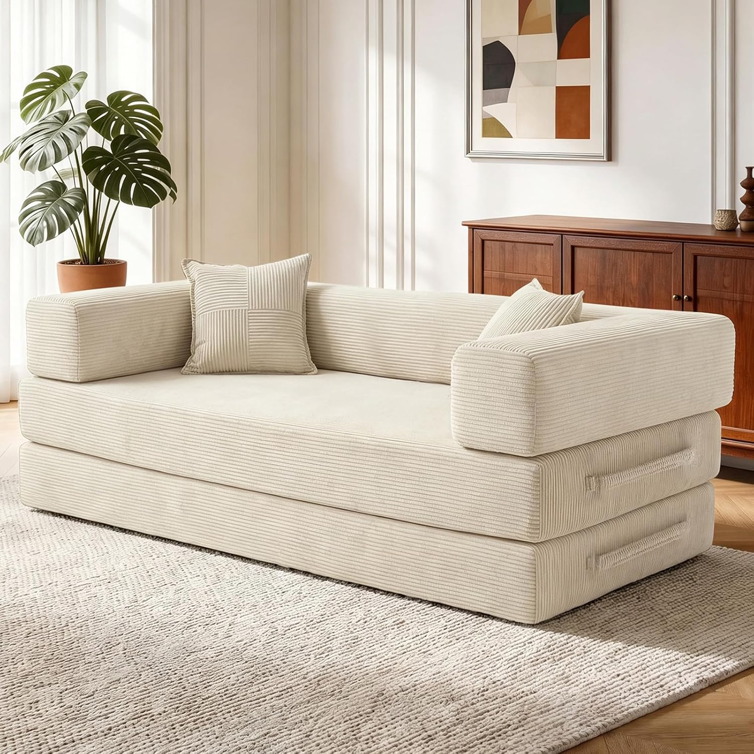 Vipbear Divano letto disossato, in velluto a coste di alta qualità, 200 cm, divano pieghevole 5 in 1 a 3 posti, con 2 cuscini in schiuma, per soggiorno, bianco