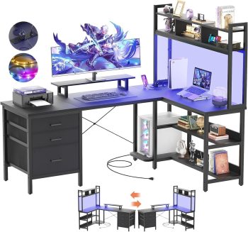 iSunirm Scrivania portaoggetti, scrivania da gioco con luci a LED, scrivania per computer reversibile con presa di corrente, Nero