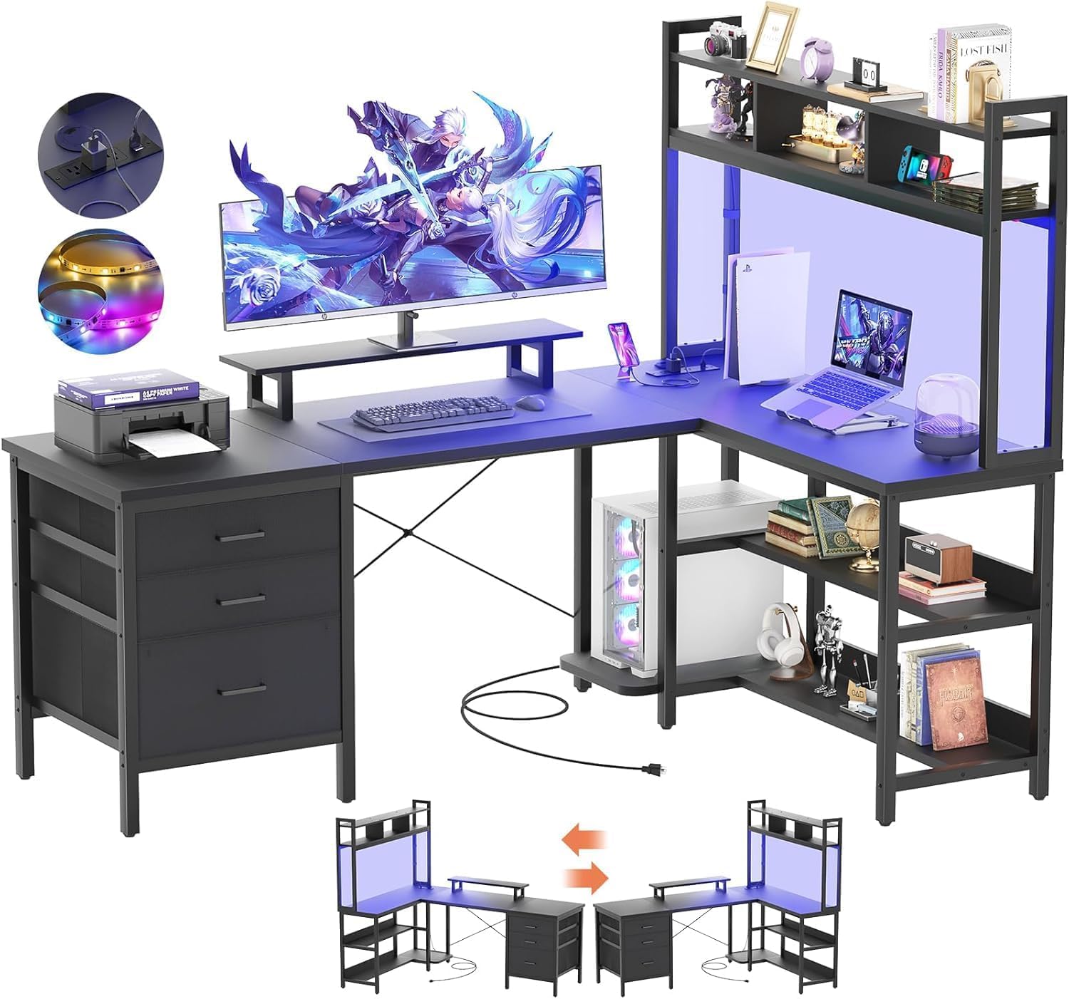 iSunirm Scrivania portaoggetti, scrivania da gioco con luci a LED, scrivania per computer reversibile con presa di corrente, Nero