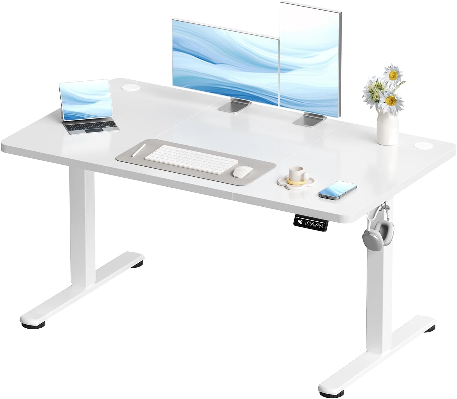 Devoko 120x60 cm Scrivania Regolabile in Altezza,Elettrica per Lavoro in Piedi, Ufficio e Casa, Standing Desk Scrivania Studio in Casa con Piano Assemblato, Bianco