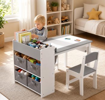 MAMIZO Tavolo per Bambini con 2 PCS Sedie, Tavolo in Legno con Rotolo di Carta, Mobile Montessori per Bambini 3-8 Anni, Ideale per Pittura/Leggere/Mangiare/Giocare, Montaggio Semplice Grigio Bianco