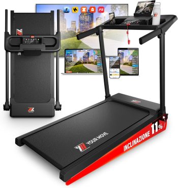 YM Tapis Roulant Salvaspazio 12 km/h, MARCHIO ITALIANO, Inclinazione, Pieghevole, Superfice Corsa MAXI, APP + Bluetooth, 6 o 12 PROG, Elettrico, ASSISTENZA e GARANZIA ITALIA Your Move NEXT 1000 PRO