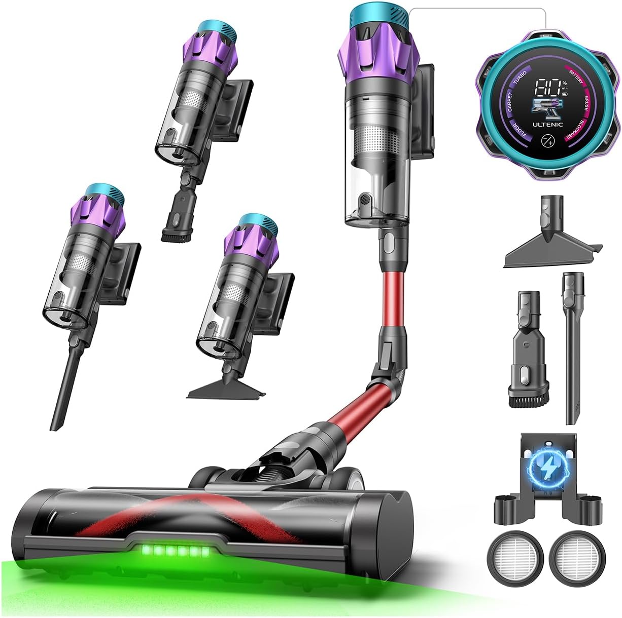 Ultenic 55Kpa/80Min Aspirapolvere Senza Fili, Scopa Elettrica Senza Fili Potente con Tubo Pieghevole, Filtrazione Multi-Cono,Display Intelligente, Anti-Groviglio per Peli Animali/Pavimenti/Tappeti