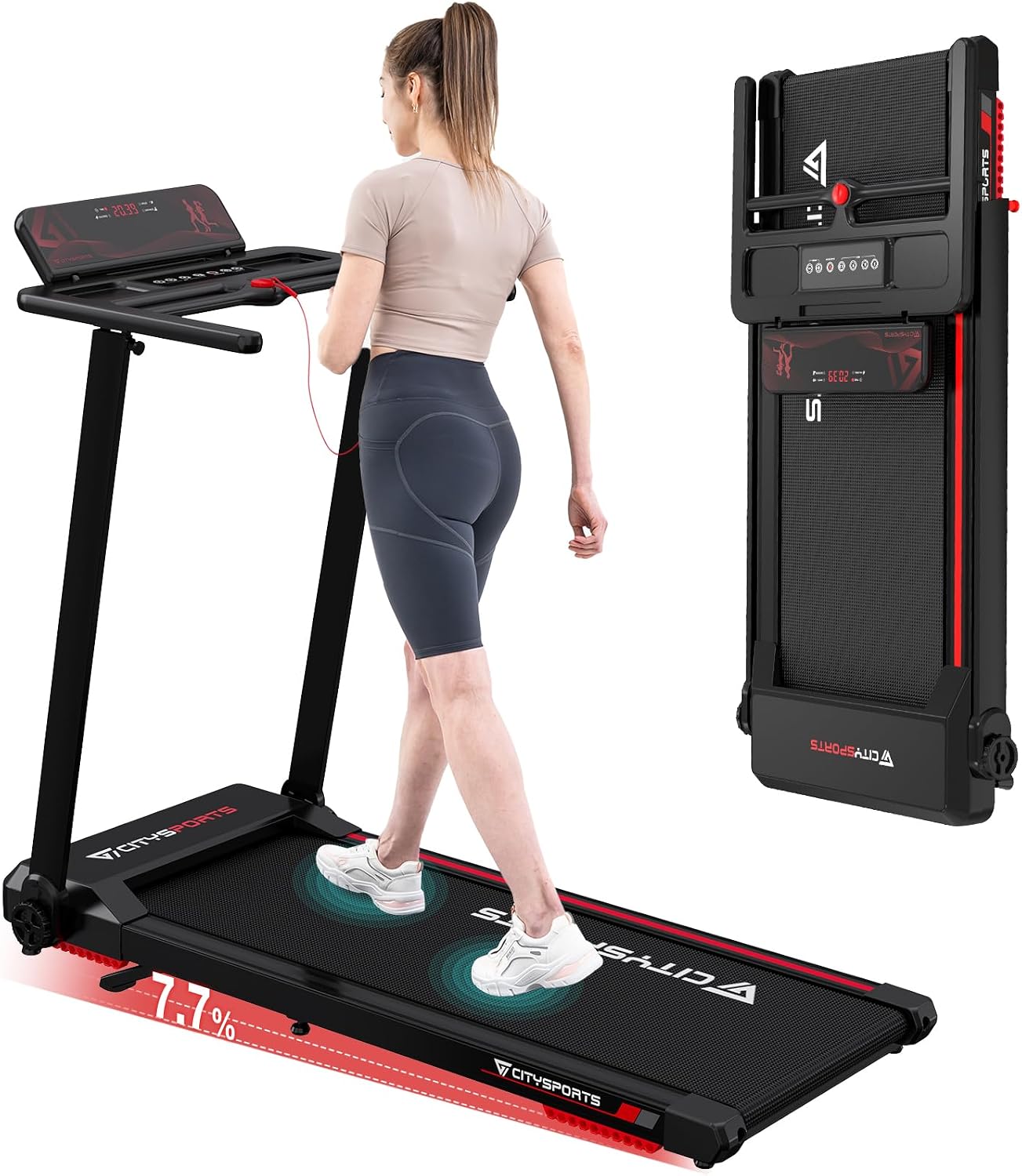 CITYSPORTS Tapis Roulant Elettrico Pieghevole 1-12km/h, Salvaspazio Con Display a LED, Supporto per App e Tablet a 360°, Compatto per Casa e Ufficio