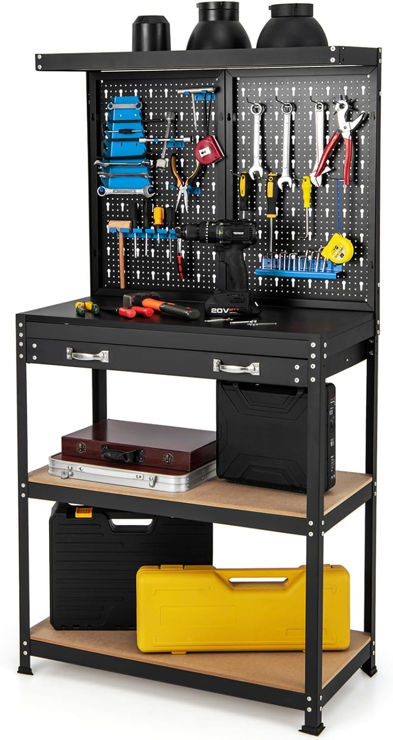 COSTWAY Banco da Lavoro con Pannello Forato, Banco da Lavoro con Scaffali e Cassetti per Utensili, 14 Accessori Appesi, Telaio in Metallo, per Garage e Officina (Blu+Nero, 81 x 41 x 155 cm)