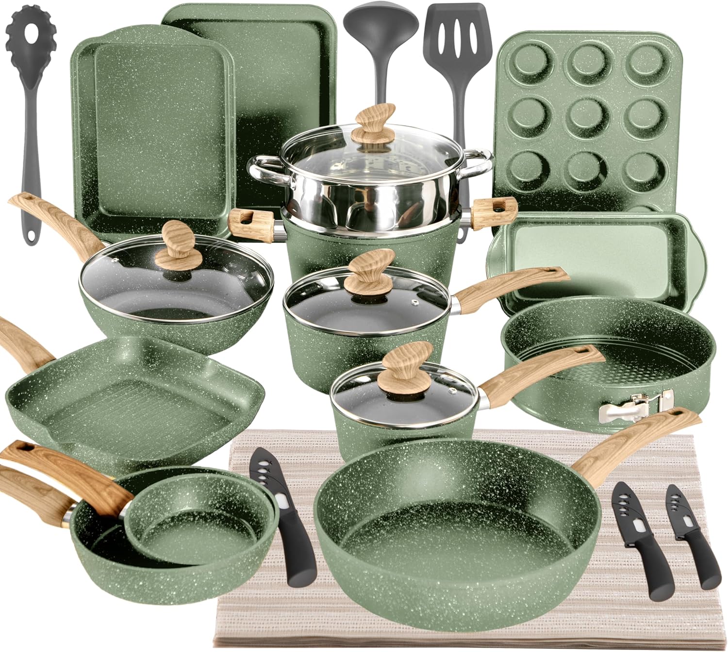 Kitchen Academy Set di 30 Pezzi Pentole e Padelle Antiaderenti Verde