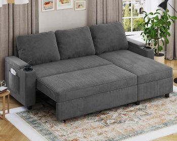 Devoko Divano Letto Chaise Longue a Forma di L, Divano da Salotto Cheslong a 3 Posti Convertibile in Letto, con Contenitore Integrato e Portabicchieri, Tessuto Morbido Beige Grigio Scuro
