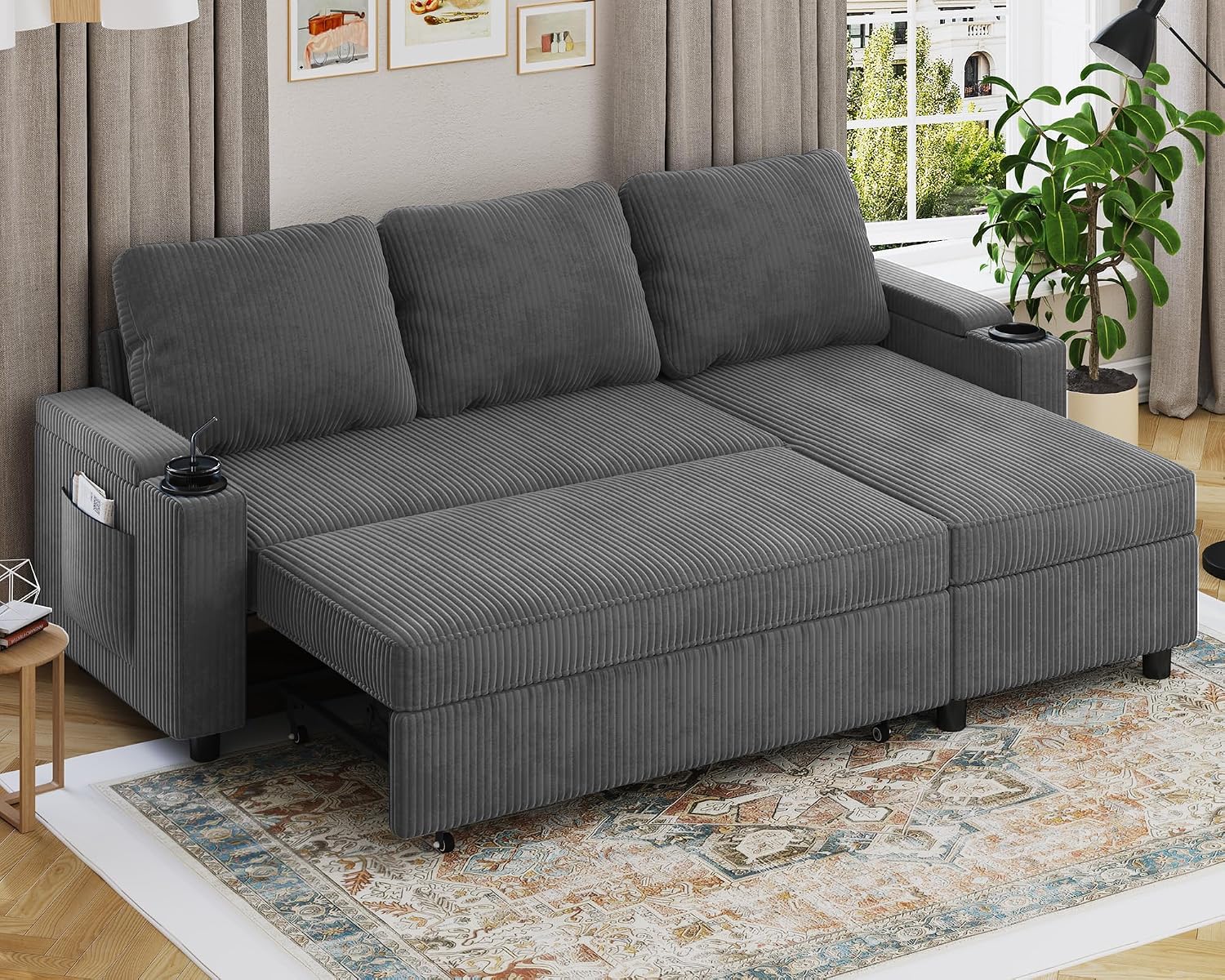 Devoko Divano Letto Chaise Longue a Forma di L, Divano da Salotto Cheslong a 3 Posti Convertibile in Letto, con Contenitore Integrato e Portabicchieri, Tessuto Morbido Beige Grigio Scuro
