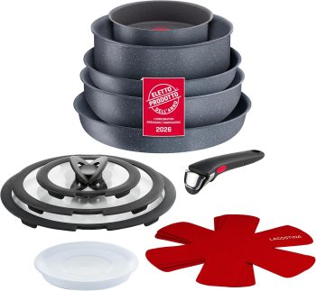 Lagostina Ingenio Mineralis Set Padelle Antiaderenti in Alluminio, Induzione,13 Pezzi 2 padelle 1 Casseruola 1 Tegame 1 Wok 3 coperchi Vetro 1 Coperchio Plastica 3 Proteggi Padella 1 Manico