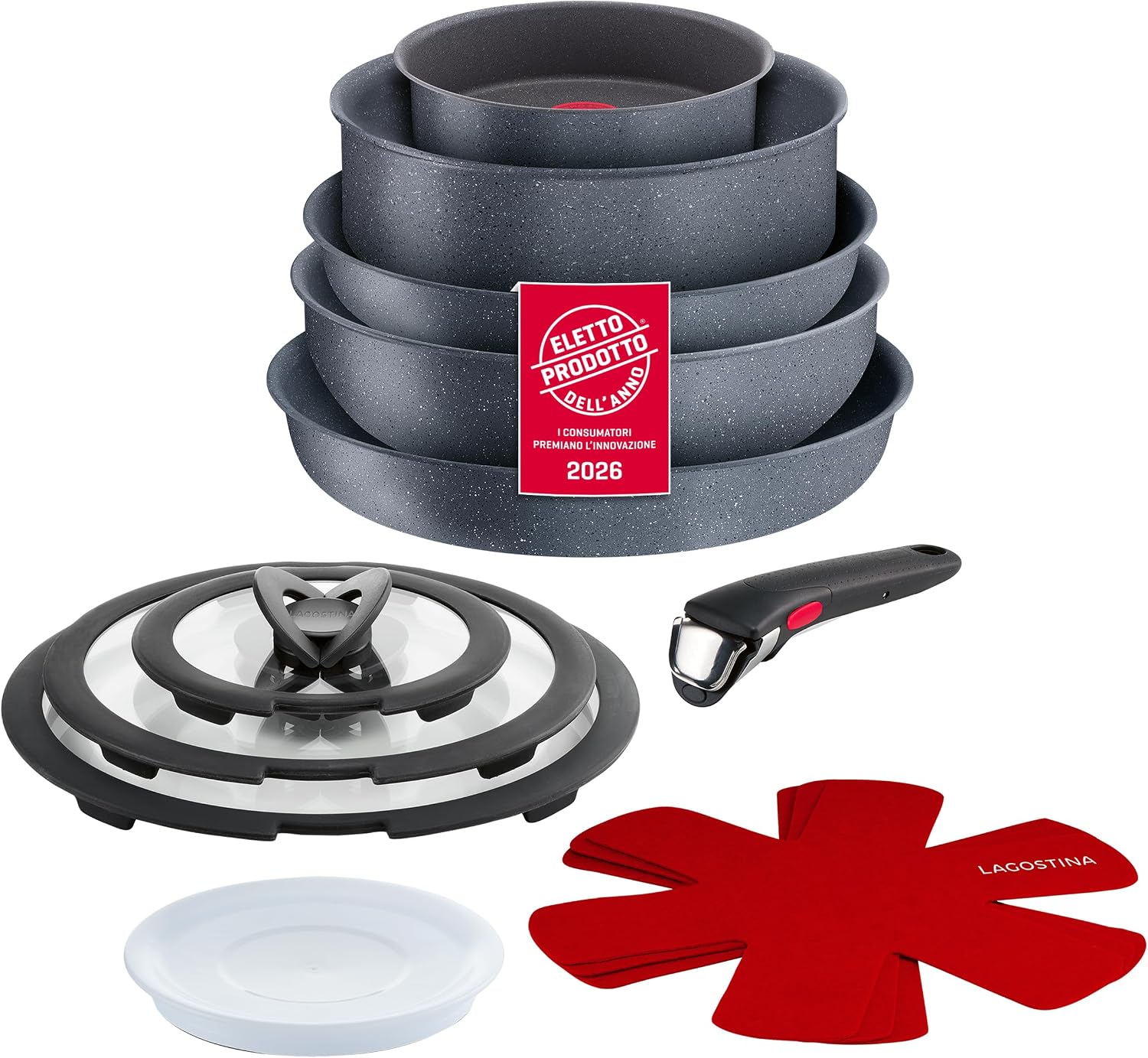 Lagostina Ingenio Mineralis Set Padelle Antiaderenti in Alluminio, Induzione,13 Pezzi 2 padelle 1 Casseruola 1 Tegame 1 Wok 3 coperchi Vetro 1 Coperchio Plastica 3 Proteggi Padella 1 Manico