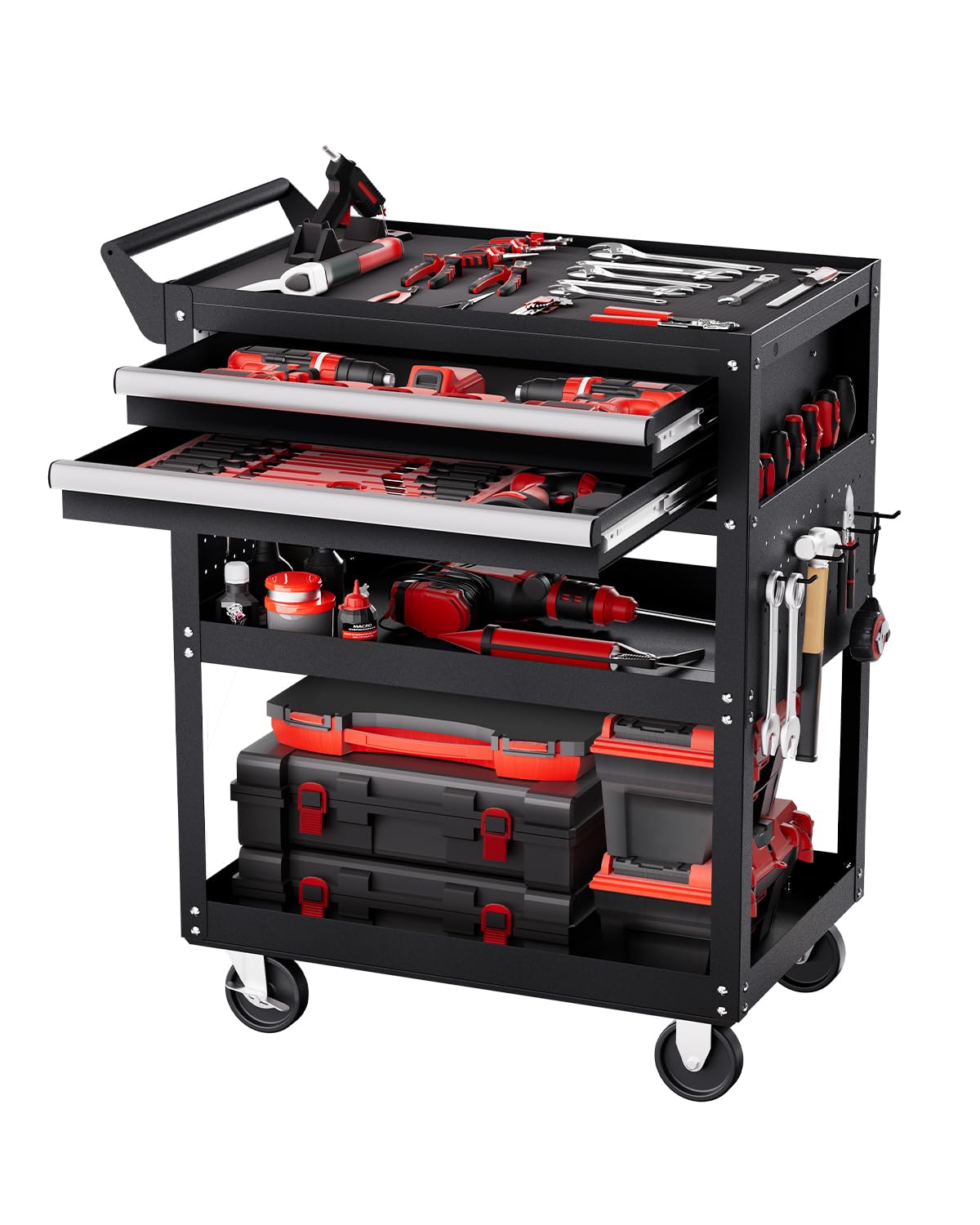 VEVOR Carrello Portautensili a 5 Ripiani con Ruote, Carico 181,4 kg Carrello da Lavoro con 2 Cassetti e Pannello Forato, Organizzatore per Utensili Meccanici con Sistema di Bloccaggio per Garage, Nero