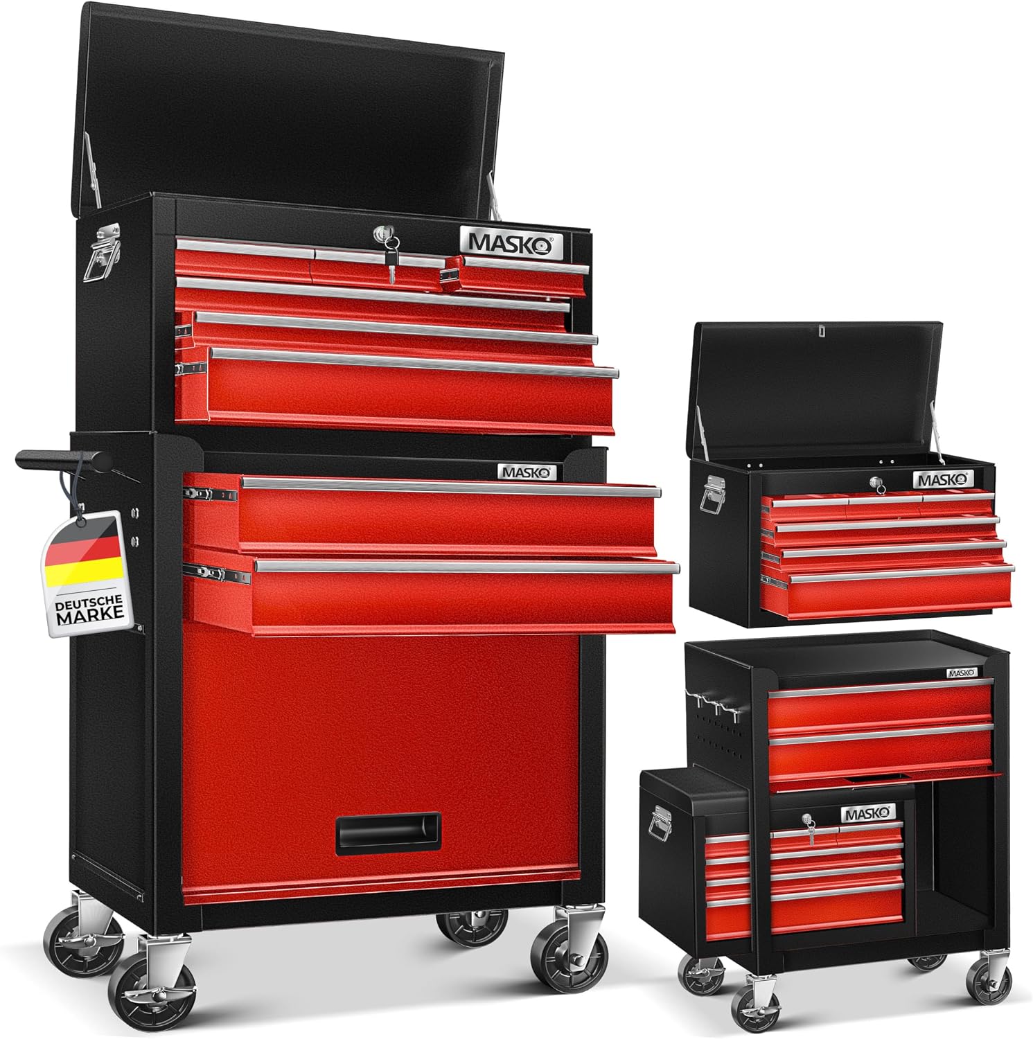 MASKO® Carrello da officina con valigetta, 9 scomparti con serratura, Carrello portautensili senza utensili, Nero/Rosso