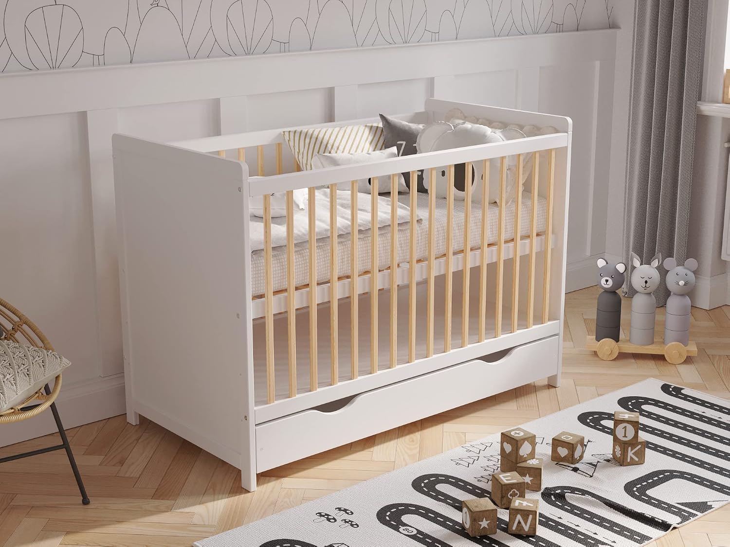 Love For Sleep Culla Neonato 120x60cm con Materasso Aloe Vera Pino Bianco TOKYO Culla Neonato Legno - Lettino Neonato Trasformabile Legno Pino Baby bed, Lettino Bambino 0-3 ANNI