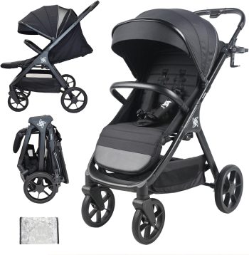 Twinly - Spacely - Passeggino Leggero 25 kg Portata, Passeggino da Viaggio Pieghevole ad una Mano, Seduta Ampia e Confortevole, Ruote Grandi Ammortizzate, Cappottina XXL e Parapioggia (Nero)