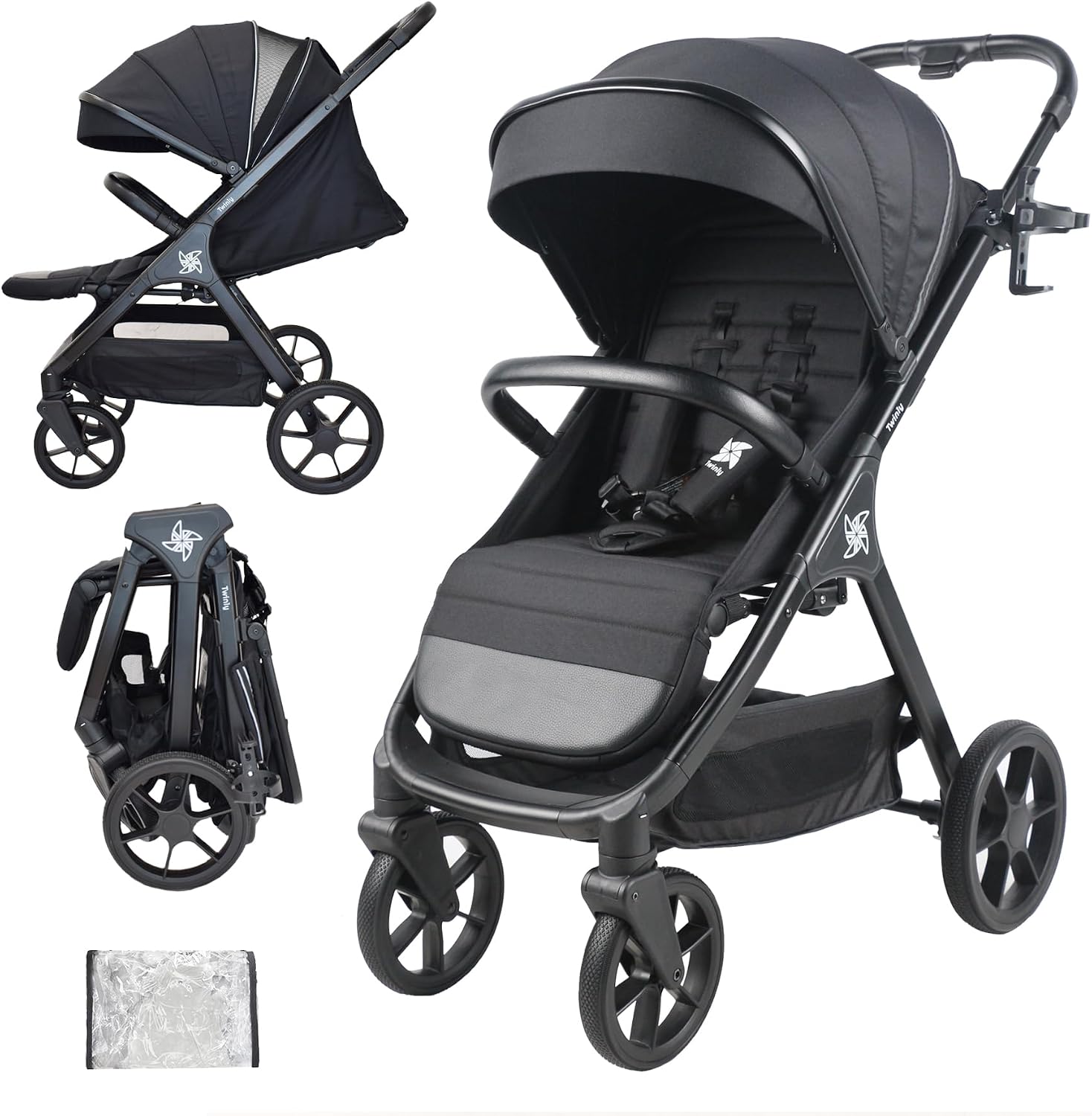 Twinly - Spacely - Passeggino Leggero 25 kg Portata, Passeggino da Viaggio Pieghevole ad una Mano, Seduta Ampia e Confortevole, Ruote Grandi Ammortizzate, Cappottina XXL e Parapioggia (Nero)