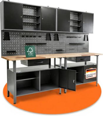 Ondis24, attrezzatura per officina e banco da lavoro grigio TÜV/GS, 2 armadietti portautensili TÜV/GS chiudibili a chiave, parete forata per strumenti con 22 ganci, 240 x 60 x 202 (altezza) cm