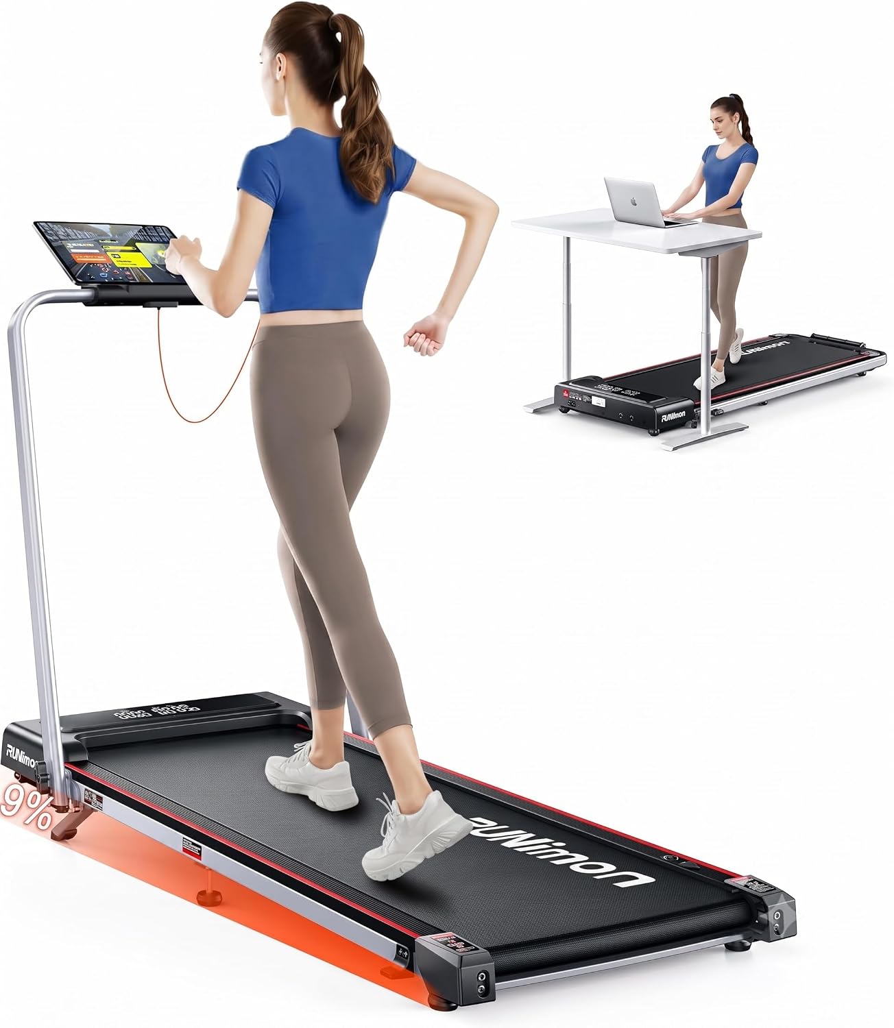 Tapis Roulant Elettrico Piehevole 12 km/h, RUNIMON 6 IN 1 Tapis Roulant Salvaspazio, Tapirulan con Inclinazione 9%, 2.5HP, App, Telecomando e Doppio Display LED