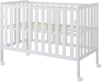 zee BAMBI Lettino Neonato 120x60 cm Bianco con Materasso e Ruote Lettino Bambino con Lato Abbassabile Rete Regolabile 3 Livelli Letto per Bambini
