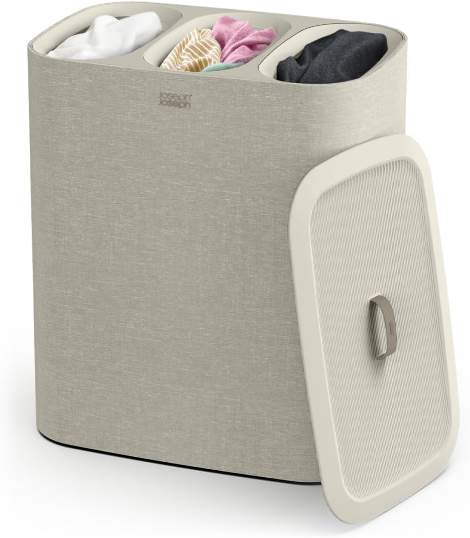 Joseph Joseph Tota - Cesto separatore porta biancheria bucato, 90 litri, con coperchio, 3 sacchi rimovibili con manici, Beige