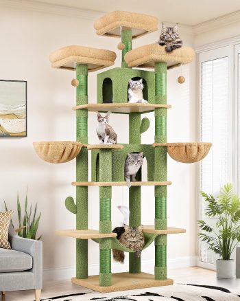 Globlazer Tiragraffi per Gatti Grandi XXL Cactus Verde Alto 204 cm con 3 Trespoli Imbottiti, 2 Grotte, 2 Cestini, Amaca, Albero Tiragraffi per 3-5 Gatti Riposo Gioco Graffio Interno (F80, Verde)
