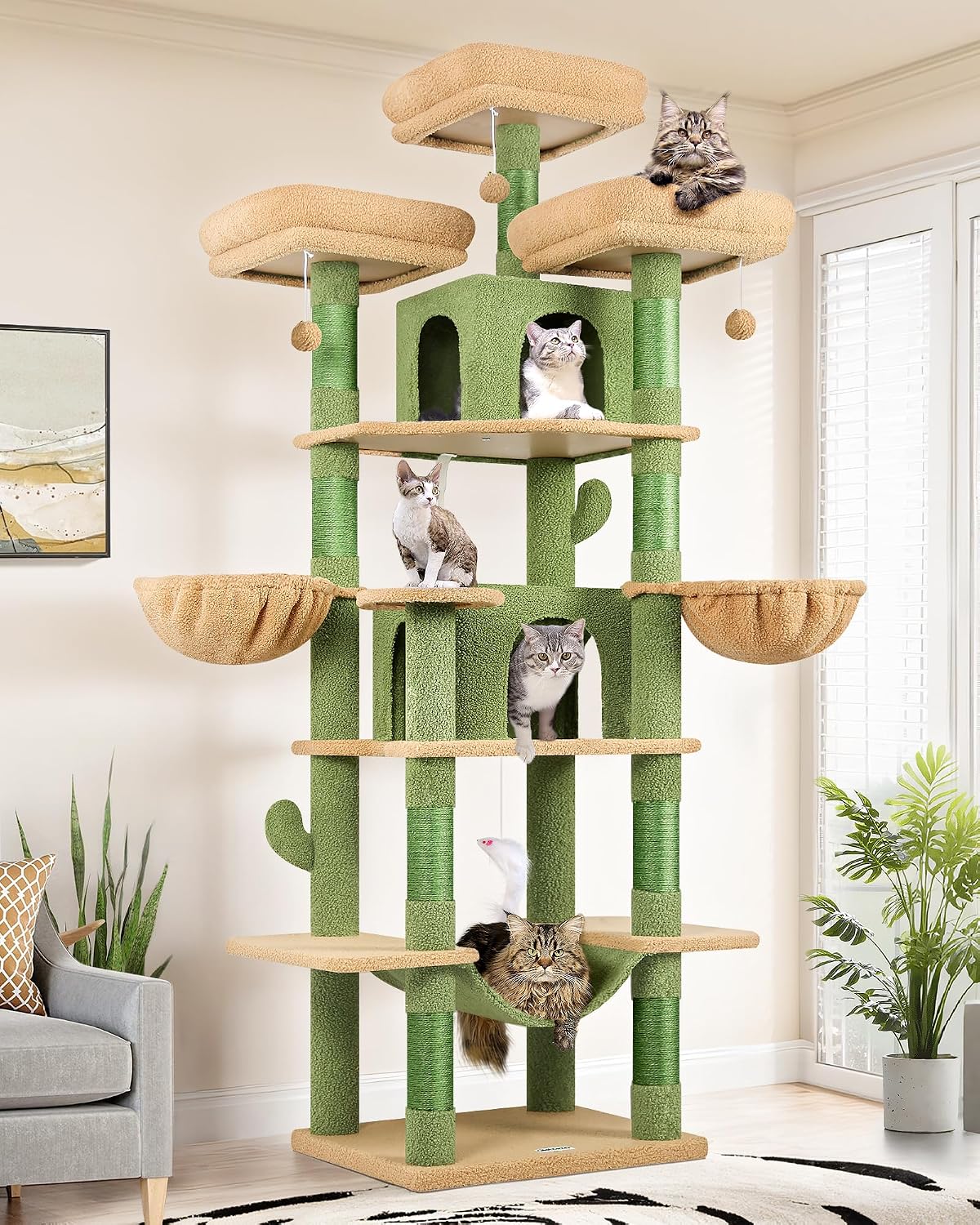 Globlazer Tiragraffi per Gatti Grandi XXL Cactus Verde Alto 204 cm con 3 Trespoli Imbottiti, 2 Grotte, 2 Cestini, Amaca, Albero Tiragraffi per 3-5 Gatti Riposo Gioco Graffio Interno (F80, Verde)