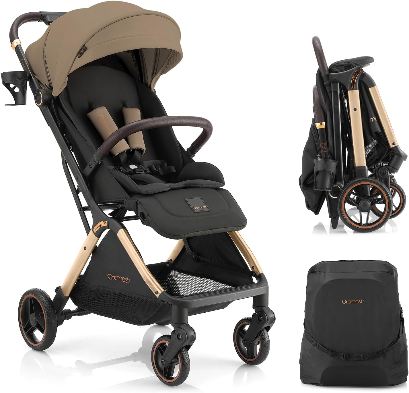 Gromast Gravity Passeggino pieghevole da viaggio portatile con schienale regolabile e tettuccio parasole, leggero e protetto dai raggi UV, pieghevole con una sola mano, Golden