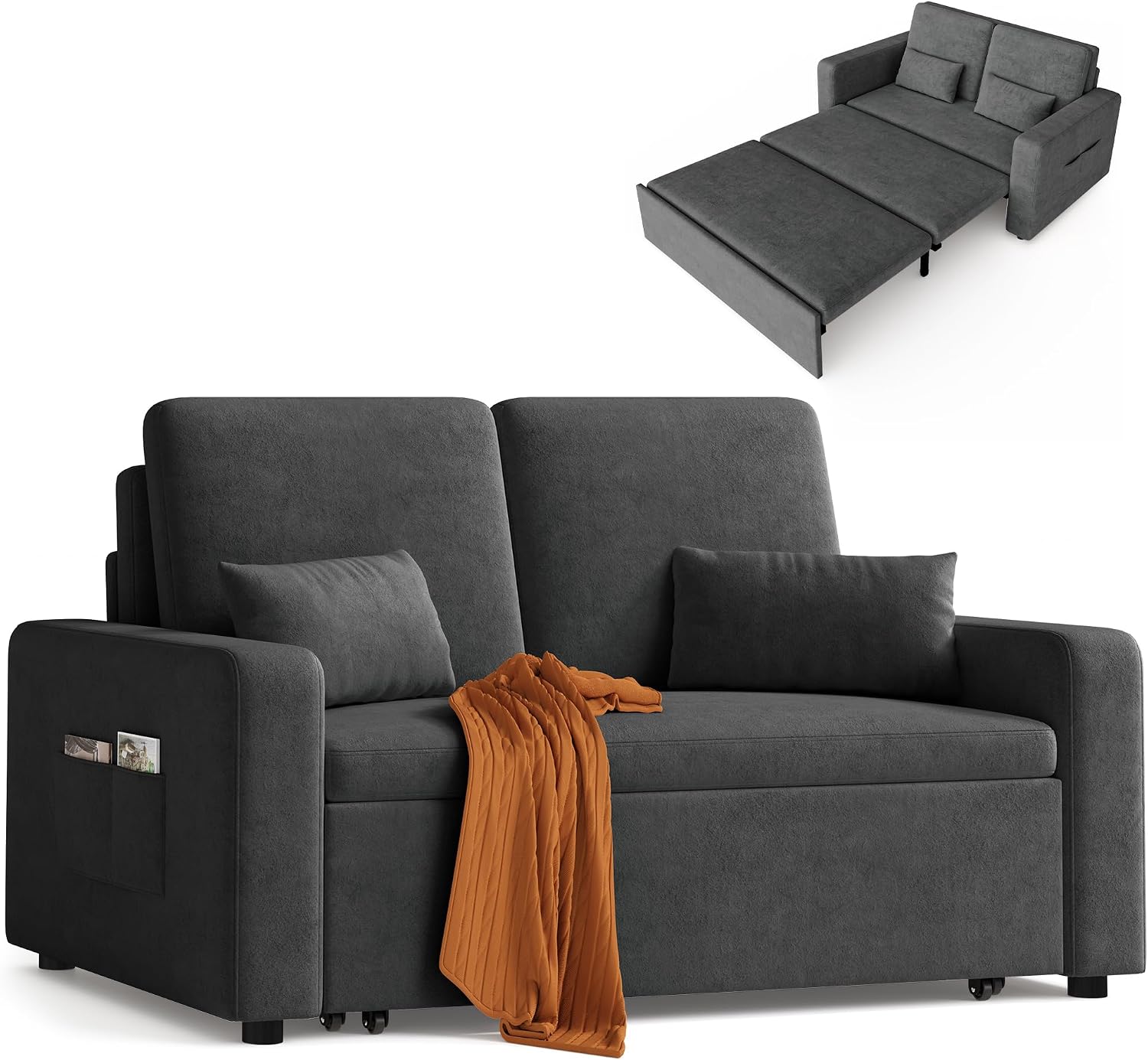 Xbro Divano Letto 2 Posti Convertibile in Ciniglia, Struttura in Metallo, con Materasso Spesso, 2 Cuscini e Tasche Laterali, Divano Salvaspazio per Soggiorno, Camera e Ospiti, 147 × 196 × 87 cm