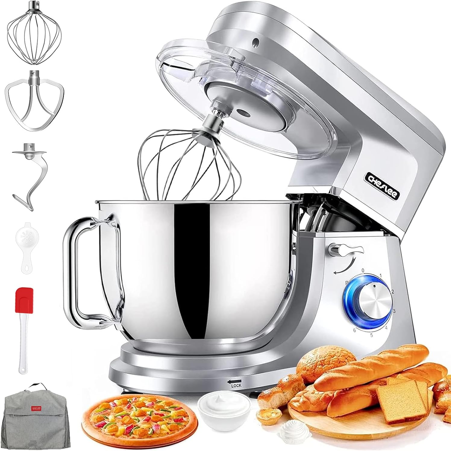 CHeflee 2000 W Impastatrice Planetaria Multifunzione Professionale,8 Litri Ciotola Inox,6 Velocità Pulse,Protezione di Sicurezza,Argento