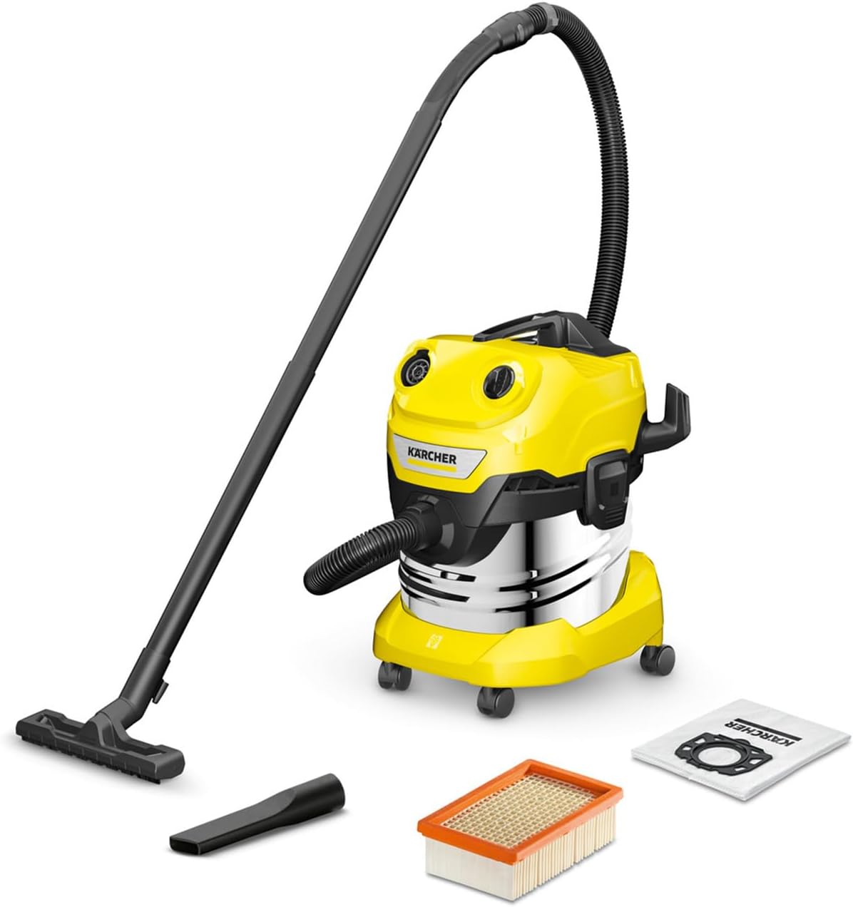 KÄRCHER aspiratore solidi liquidi WD 4 S V-20/5/22, 1000 W, contenitore in acciaio inox: 20 l, tubo di aspirazione: 2,2 m, funzione soffiante, bocchetta per pavimenti e fessure, filtro in vello