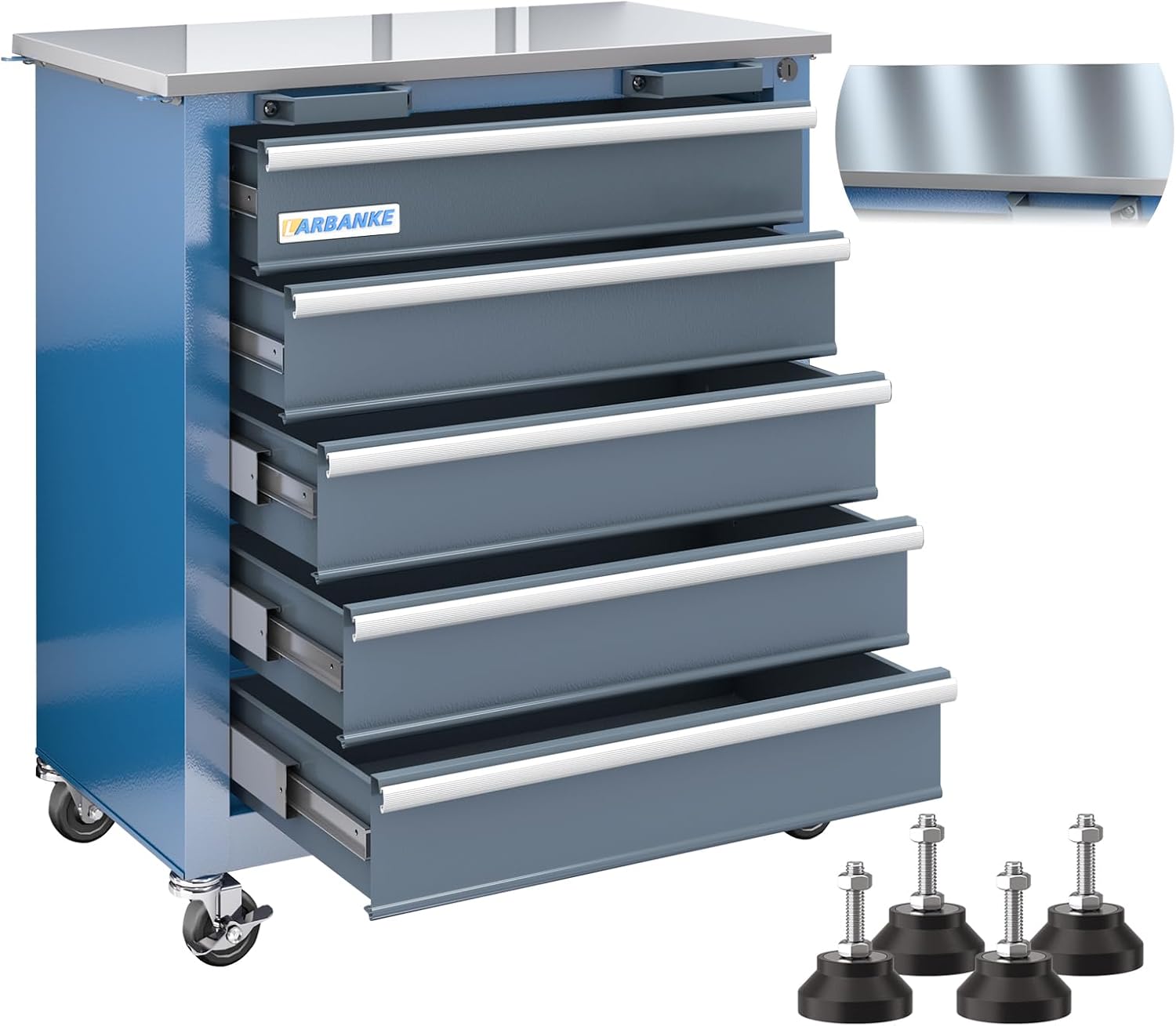 LARBANKE Carrello Portautensili con 5 Cassetti, Porta Attrezzi Officina con Ruote,armadietto per attrezzi con sistema di bloccaggio, Carrello da officina con parte superiore in acciaio inossidabile