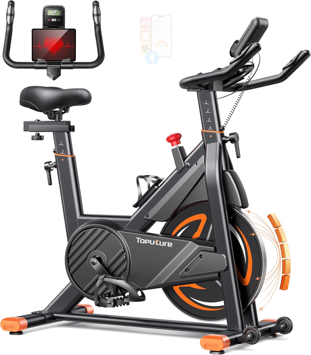 Toputure Cyclette da Casa con App, Cyclette con Resistenza Magnetica 0-100%, Volano da 15 kg, Display LCD e Cardiofrequenzimetro, Trasmissione a Cinghia Silenziosa, Design Ergonomico, Portata 160 kg