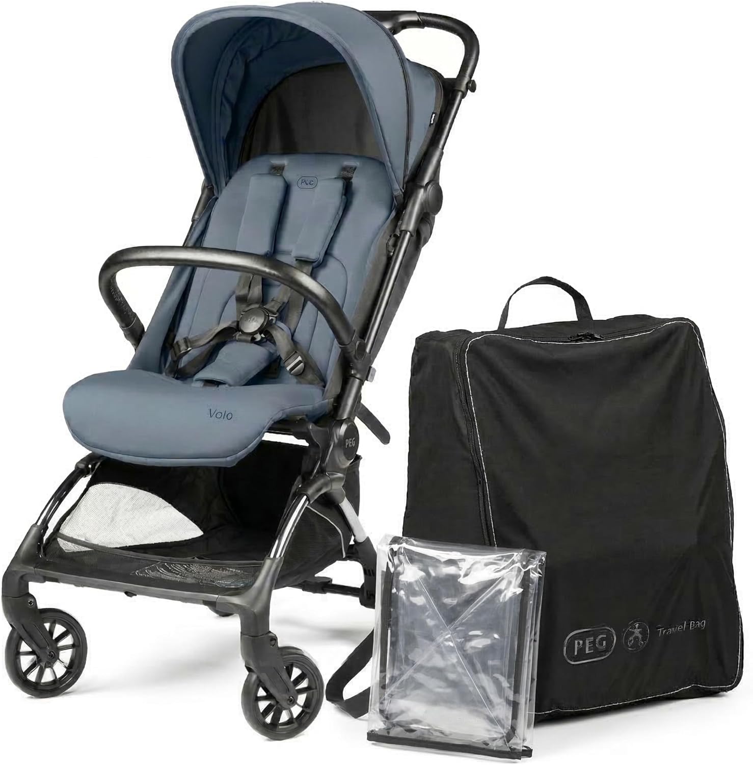PEG Passeggino Leggero Volo con Parapioggia, per Aereo, Compatto, Omologato per Cappelliera, Misure Bagaglio a Mano, Adatto dalla Nascita fino a 22 kg, Include Borsa da Viaggio, Blue Cameo