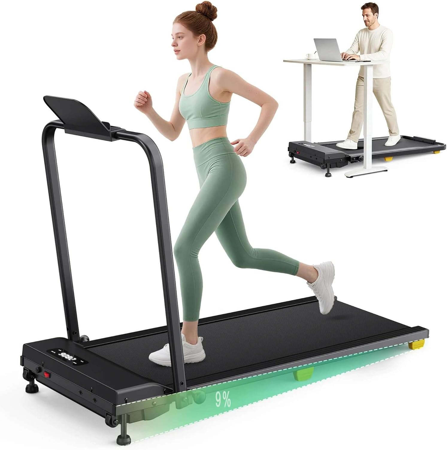 UREVO Tapis Roulant Pieghevole con Inclinazione 9%, Walking Pad Sotto Scrivania 2-in-1, Motore 2.5 HP, 1-10 km/h, Silenzioso e Salvaspazio per Casa/Ufficio, Modalità HIIT One-Touch
