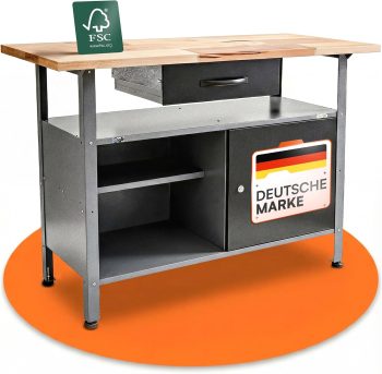 Ondis24 Banco da lavoro Klaus 120 cm, in metallo, porta bloccabile, gambe regolabili in altezza (altezza di lavoro 85 cm, piano di faggio nero)