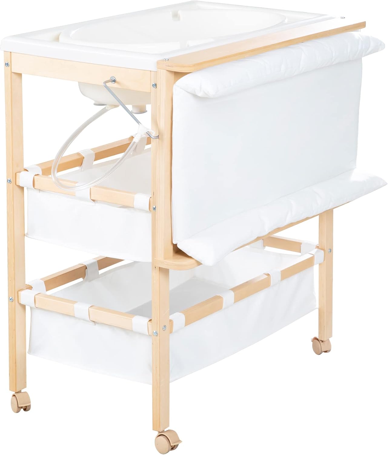 roba Fasciatoio per Bambini e Neonati + Vasca 2 in 1 Baby Pool con Materasso Bianco Girevole sul Lato, Salvaspazio, Scomparti in Tessuto, Legno Naturale