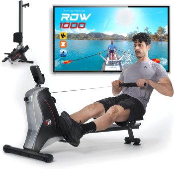 Vogatore Pieghevole per Casa YM ROW 1000 Magnetico, Salvaspazio, Silenzioso e Ergonomico, Robusto e Compatto, 8 livelli di resistenza, Bluetooth + App (Kinomap), Guida Scorrevole in Alluminio
