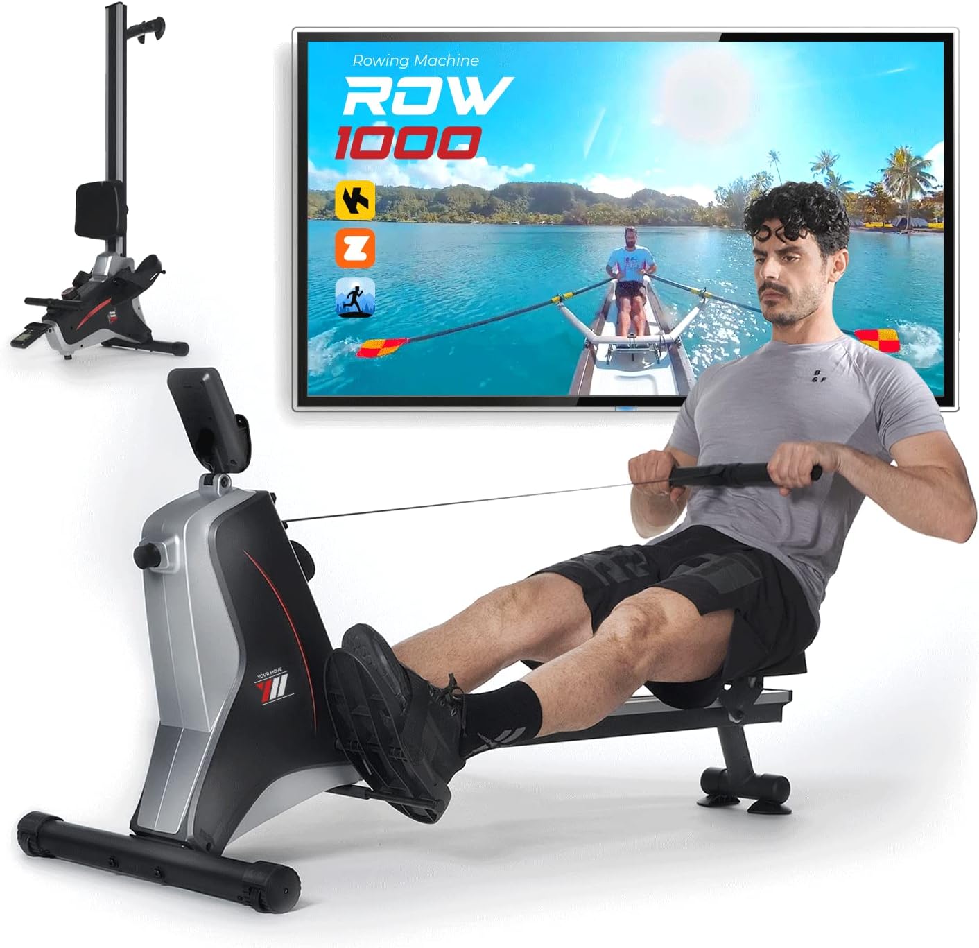 Vogatore Pieghevole per Casa YM ROW 1000 Magnetico, Salvaspazio, Silenzioso e Ergonomico, Robusto e Compatto, 8 livelli di resistenza, Bluetooth + App (Kinomap), Guida Scorrevole in Alluminio