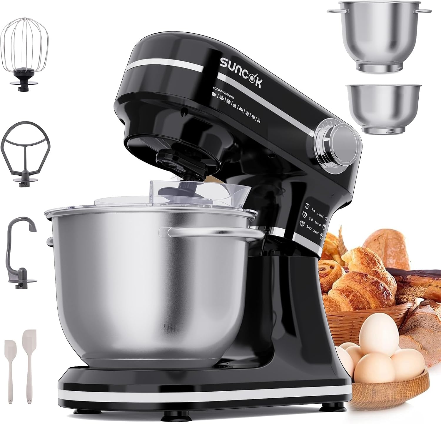Impastatrice Planetaria 1500W, ciotola inox da 10 L,12 velocità + Pulse, planetaria professionale compatta, Impastatrice con Frusta, Gancio Impastare e Mescolatore (B03B-Nero)