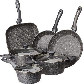 Tognana Mythos, Batteria di pentole e padelle, 9 pezzi con 3 casseruole, 2 padelle, 1 grill, 3 coperchi, Alluminio, Grigio
