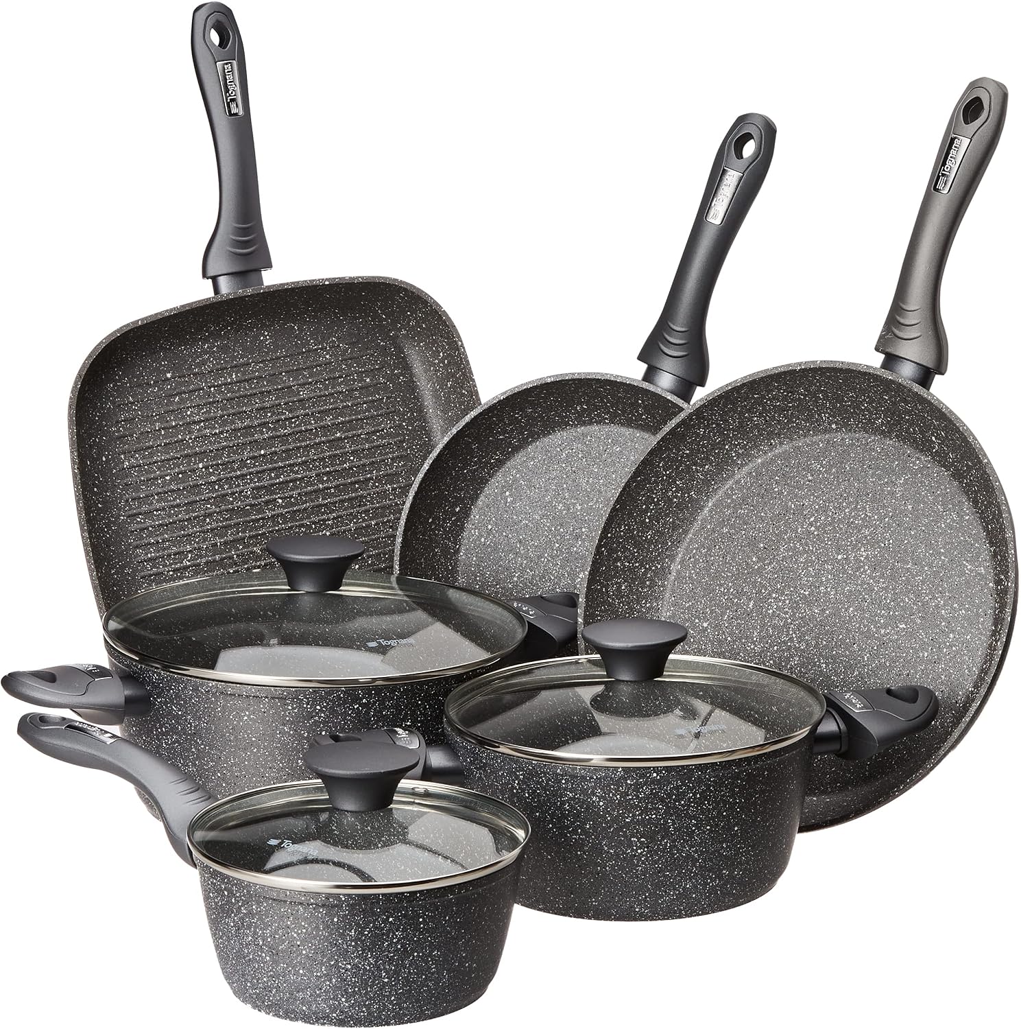 Tognana Mythos, Batteria di pentole e padelle, 9 pezzi con 3 casseruole, 2 padelle, 1 grill, 3 coperchi, Alluminio, Grigio