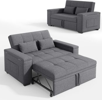 Xbro Divano Letto 2 Posti in Lino, Letto Esteso 175x116 cm, Convertibile 3 in 1 con 2 Cuscini e Tasche Laterali, Compatto Salvaspazio per Soggiorno e Camera Ospiti, 156x74x84 cm, Grigio Scuro