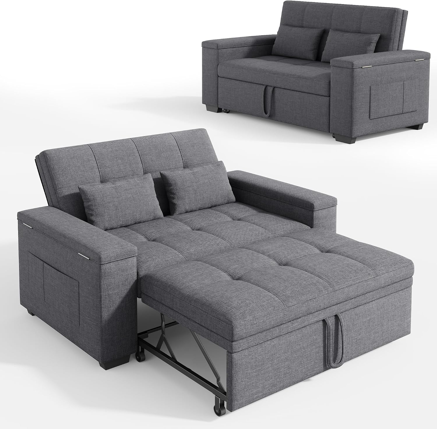 Xbro Divano Letto 2 Posti in Lino, Letto Esteso 175x116 cm, Convertibile 3 in 1 con 2 Cuscini e Tasche Laterali, Compatto Salvaspazio per Soggiorno e Camera Ospiti, 156x74x84 cm, Grigio Scuro