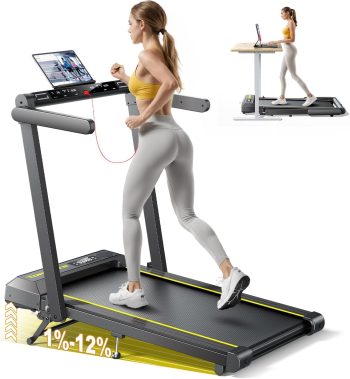 Tapis Roulant Elettrico Pieghevole 1-16km/h, Tapis Roulant con 12% Pendenza, Salvaspazio per Casa e Ufficio, Doppio Display LED, Cardiofrequenzimetro, 12 Programmi, APP e Telecomando