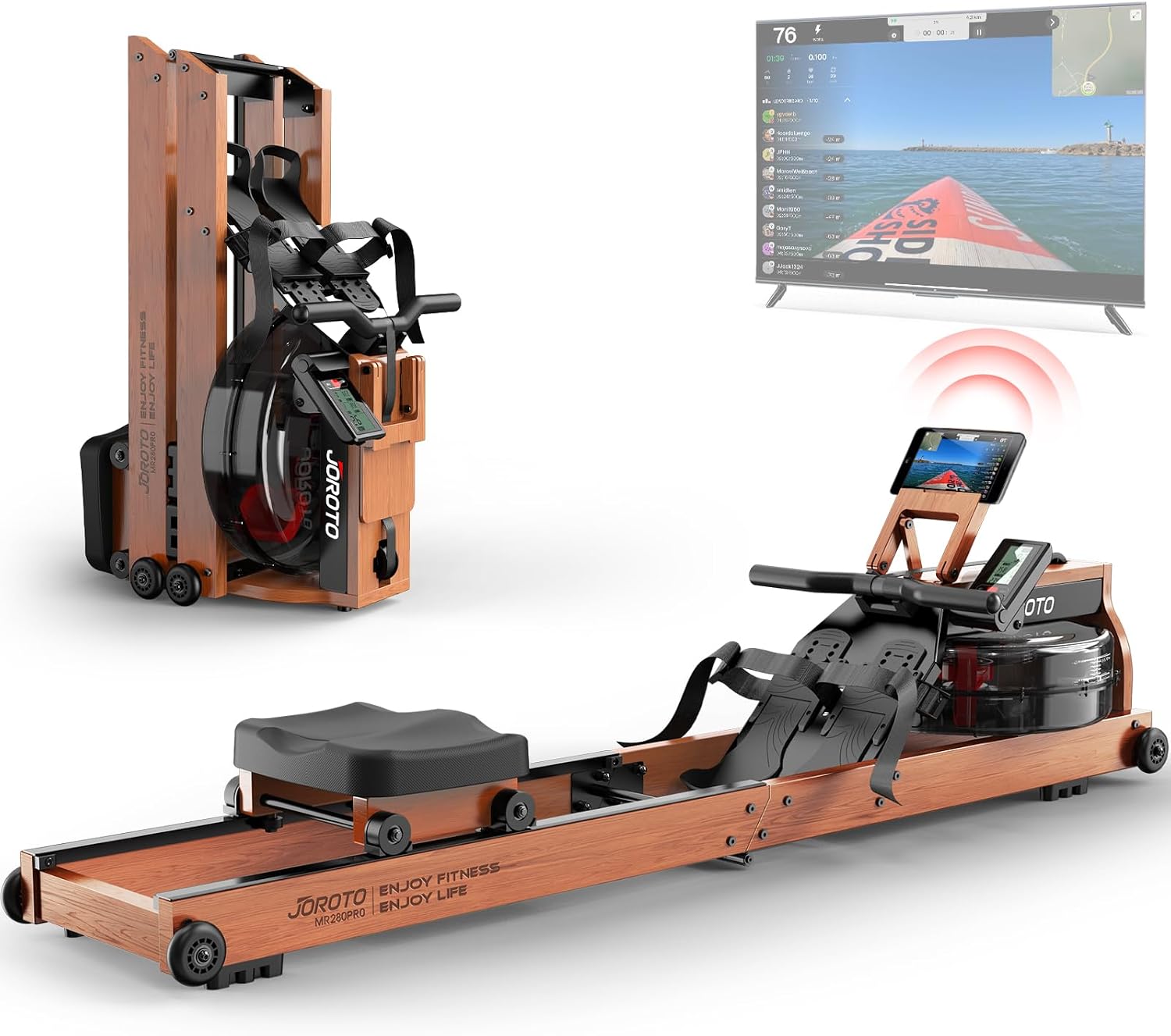 JOROTO Vogatore ad Acqua per casa, Vogatore Pieghevole in Legno di Quercia Capacità di Peso di 150kg con Monitor Bluetooth, Supporto per Tablet Regolabile