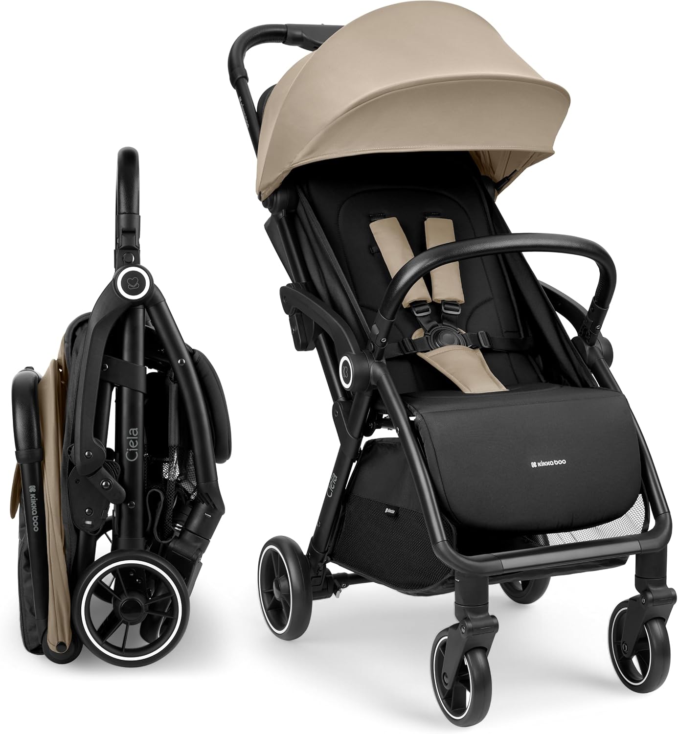 KikkaBoo Passeggino Leggero fino a 22 kg CIELA, Piegatura Automatica, Schienale Reclinabile, da Viaggio, Misura Bagaglio a Mano, Beige