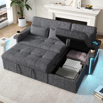 Divano angolare-L,Divano letto 3 posti,divano 3 posti con funzione letto,divani angolari moderni convertibile con LED(app),USB,2 portabevande,3 cuscini,Schienale regolabile-3 angoli,Grigio