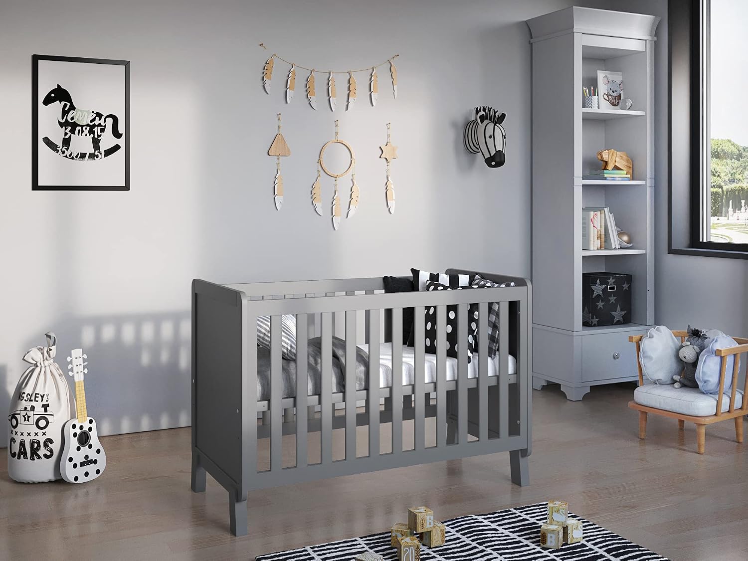Love For Sleep Lettino Neonato Culla Neonato 120x60 cm in Legno di Pino Grigio con Materasso e Barriera di Sicurezza – Lettino Trasformabile per Bambino 0-3 Anni