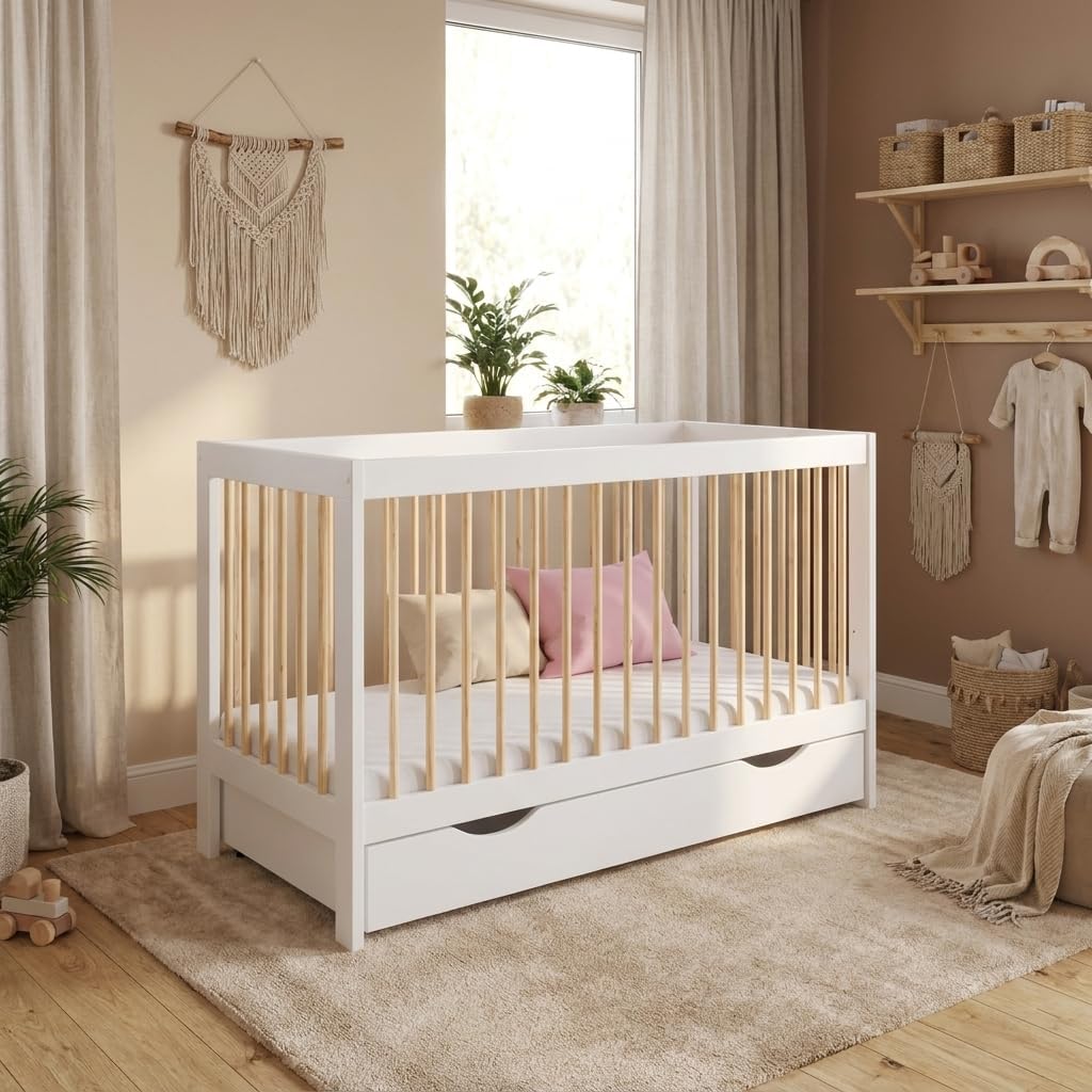 Love For Sleep Culla Neonato 120x60cm con Barriera di Sicurezza in Legno Bianco - Lettino Neonato Trasformabile Legno Pino Baby bed, Lettino Bambino 0-3 ANNI